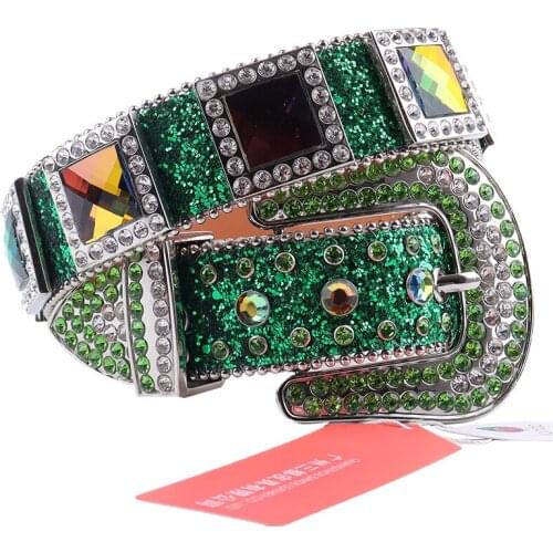 Green Square Diamond Belt Y2k Belt Rhinestone Designer Luxury Brand Women Men Removable Pin Buckle Punk Jeans Studded Waist Belt
