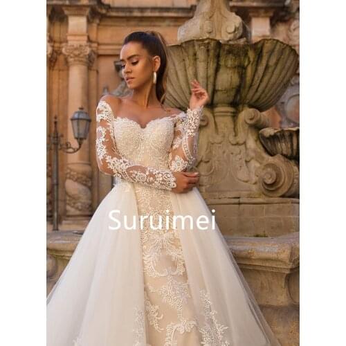 2021 Sexy Champagne Mermaid Wedding Dresses Sweetheart Off Shoulder Illusion Neck Lace Appliques Tulle Formal Bridal Gowns