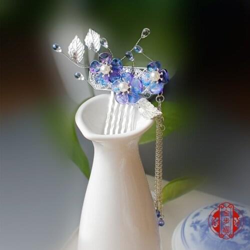 Chinese style vintage blue Pearls handmade Hairpin hair Comb hair sticks Hair accessories Headwear