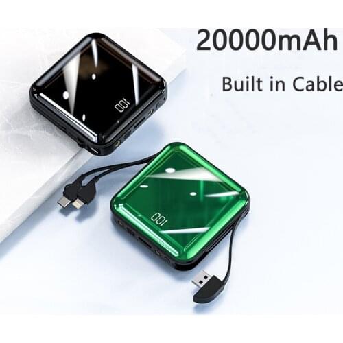 Mini Power Bank 20000mAh Built in Cable Mirror Screen Powerbank External Battery Charging For iPhone 12 Samsung Xiaomi Poverbank