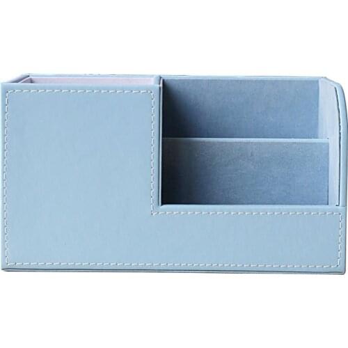 XRHYY Blue Wooden Pu Leather Multi-function Desk Stationery Organizer Storage Box Pen/Pencil/Name Cards Remote Control Holder