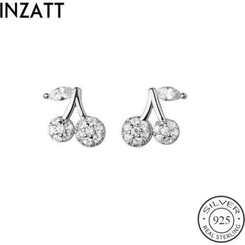 INZATT Real 925 Sterling Silver Zircon Cherry Fruits Stud Earring For Fashion Women Party Cute Fine Jewelry Accessories Gift