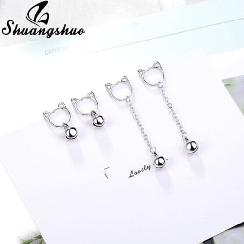 Shuangshuo Fashion Christmas Jewelry Sweet Cat Stud Earrings Cute Cat with Bell Ear Line Design Earrings For Women Korean Style