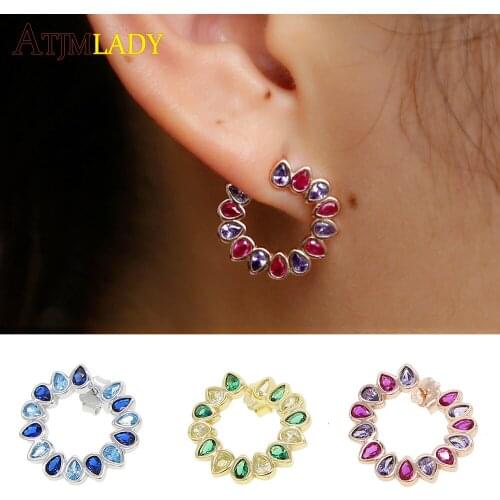 Cute Red green delicate 100% 925 silver Stud Earrings Inlay Water Drop Round CZ Zircon Earrings For Women Fashion Jewelry Gift