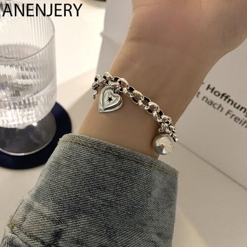 ANENJERY 925 Sterling Silver Vintage Love Heart Ball Bracelet for Women Thai Silver Thick Chain Bracelet Jewelry S-B506