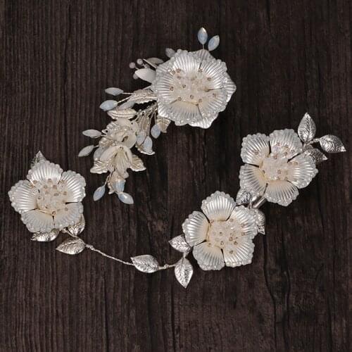 SLBRIDAL Handmade Rhinestones Opal Crystal Pearls Flower Leaf Bridal Hair Clip Barrettes Wedding Hair Accessories Women Jewelry