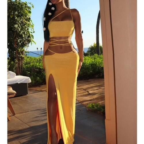 New Style Backless Bandage Skirt Sexy Two Piece Set Women High Split Maxi Skirt With Halter Top Party Vacation Beach Summer 2021