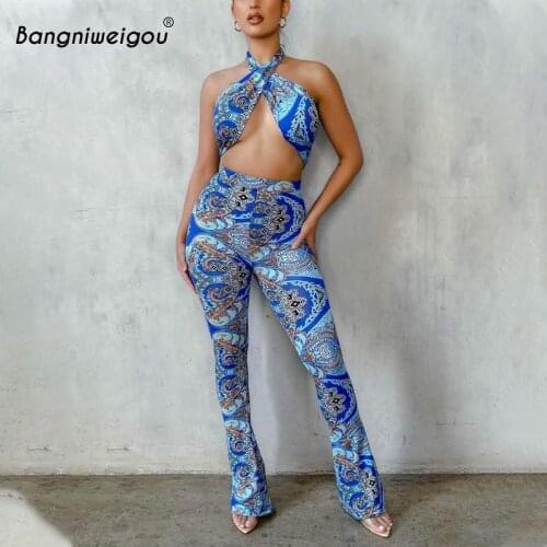 Bangniweigou paisley print wide leg jumpsuit for women gypsy bandage halter top hollow out long pants sexy overalls party outfit