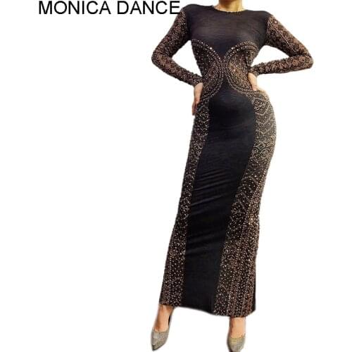 Women Sexy Evening Birthday Sparkly Rhinestones Dress O-Neck Black Long Sleeve Stretch Bodycon Dress Party Outfit Stage Costume