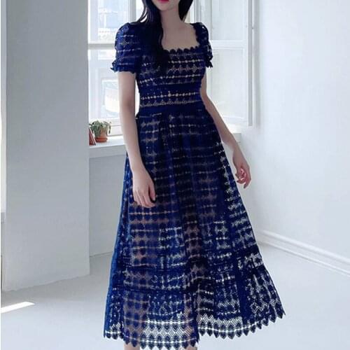 Elegant Dark Blue Lace Dresses Woman Square Neck Short-sleeve Party Dress Vestido Hollow Out Runway Design Long Dress Ladies