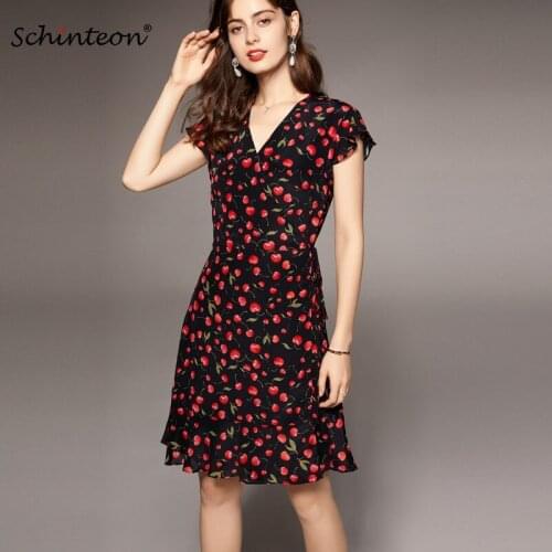 Schinteon Women Silk Dress 100% Real Silk Cherry Print V-Neck Sweet Mini Dress Sleeveless A-Line Slim Dresses Sash for Summer