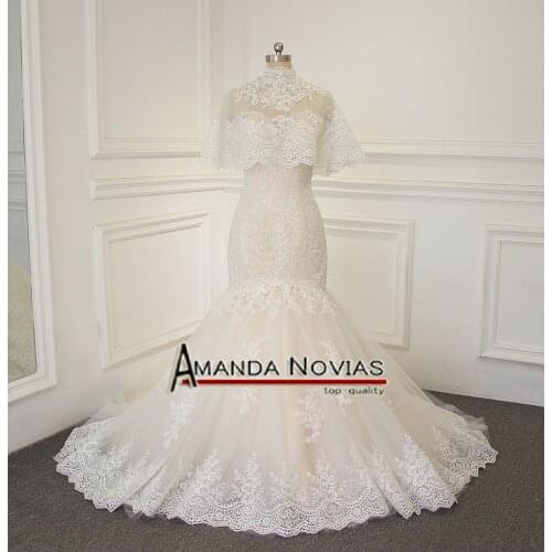 Hot sale champagne with ivory lace mermaid wedding dress 2019