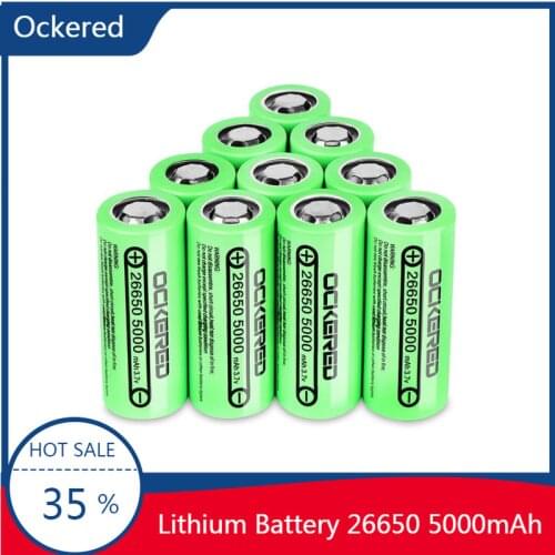 Ockered 10Pcs/Lot 26650 5.0A Lithium Battery Rechargeable Batteries 26650 5000mAh Battery for High Power Suitable for Flashligh