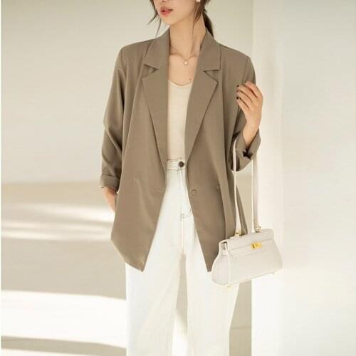 2021 Summer Women Blazer With Belt Chic Loose Light Double Button Female Suit Kahki Jacket Full Sleeve Outwear Blaser Femme
