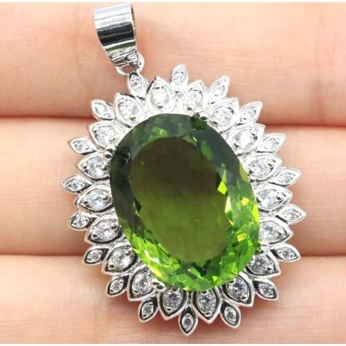 39x26mm Anniversary Big Oval Gemstone 20x15mm Green Peridot CZ Ladies Present Daily Wear 925 Sterling Silver Pendant