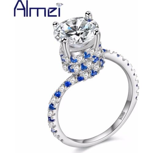 Almei Wedding 2017 Big Stone Cute Rings for Women Female Silver Color Bijoux Blue Crystal Kpop Ring Jewelry Ringen Bague Y191