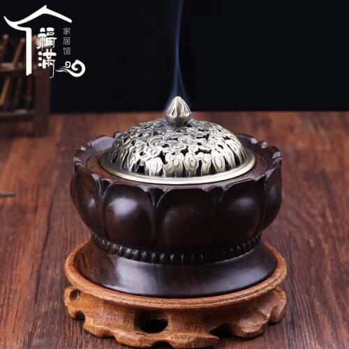 Ebony wood mahogany lotus incense burner antique copper cutout wooden incense coil aromatherapy furnace sandalwood furnace