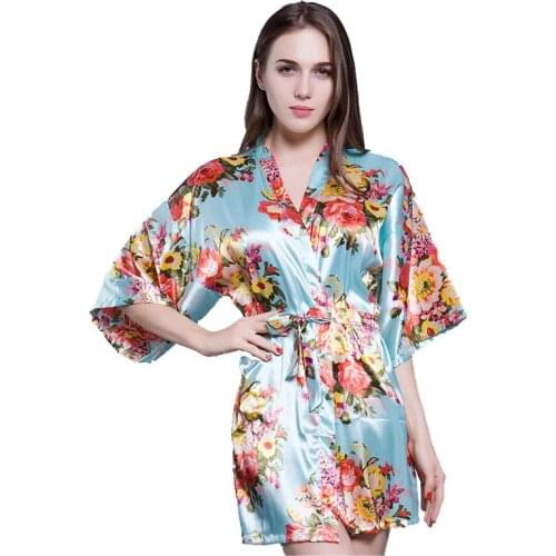 New Light blue Womens Print Flower Robe Gown Sexy Nightgown Bathrobe Short Vintage Kimono Wedding Robe Nightgown Dressing Gown