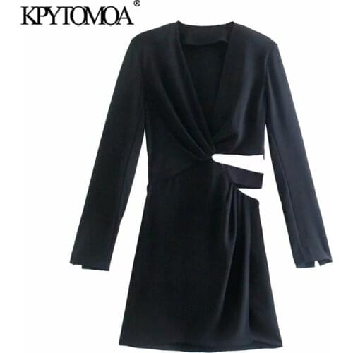 KPYTOMOA Women 2021 Fashion Hollow Out Pleated Mini Dress Vintage Long Sleeve Side Zipper Female Dresses Vestidos Mujer
