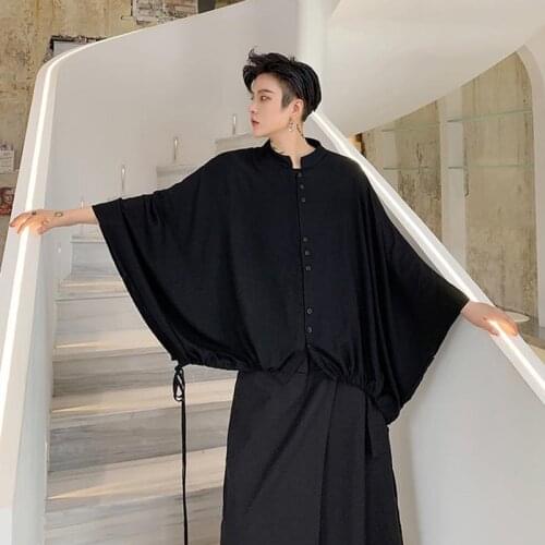 Japanese Yamamoto loose bat sleeve drawstring short sleeve Linen Shirt summer fashion mens Cape Cape Cape Cape