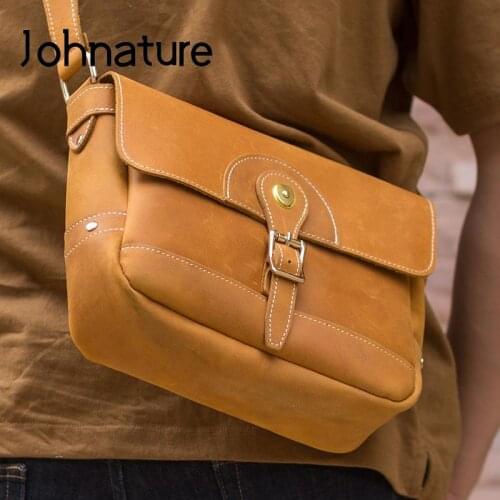 Johnature Handmade Retro Crazy Horse Leather Men Messenger Bag 2021 New Nature Cowhide Solid Color Shoulder & Crossbody Bags