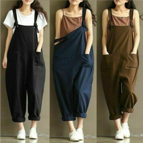 2020 New Fashion Women Solid Sleeveless Loose Jumpsuit Strappy Dungaree Bib Casual Pants Long Overalls