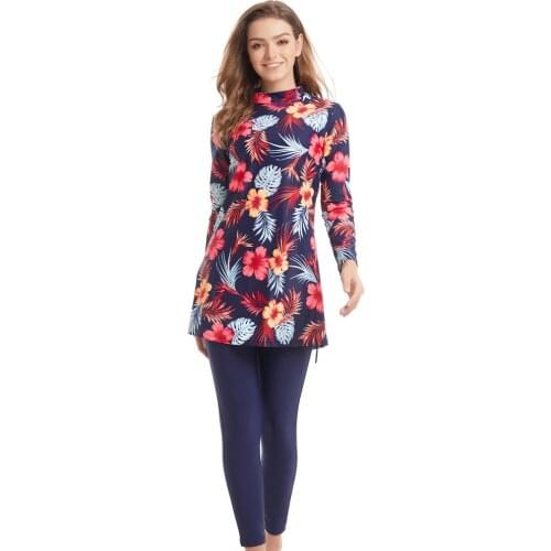 New Foreign Trade Swimsuit Women Long Sleeve Conservative Swimsuit Beatiful Flower Printing Beach Swimsuit