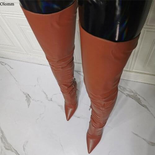 Olomm 2021 New Fashion Handmade Women Thigh High Boots Sexy Stiletto Heels Pointed Toe Brown Party Shoes Women Plus US Size 6-15