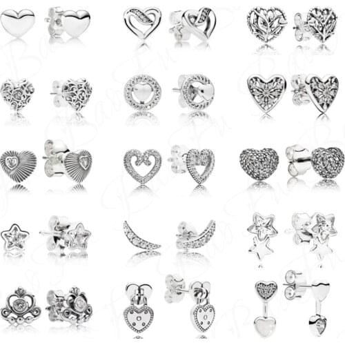 Authentic 925 Sterling Silver Stud Earrings Love Heart Shiny Five-Pointed Star Daisy Suitable For Original Female Accessories