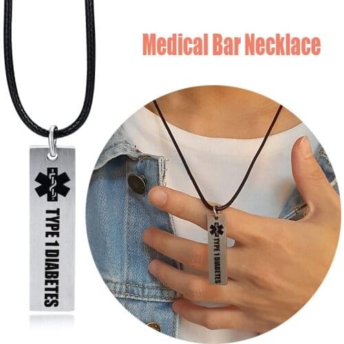 Personalized Medical Bar Pendant Necklace Engraved Diabetes Stainless Steel Custom Name Necklaces Emergency Contact Jewelry