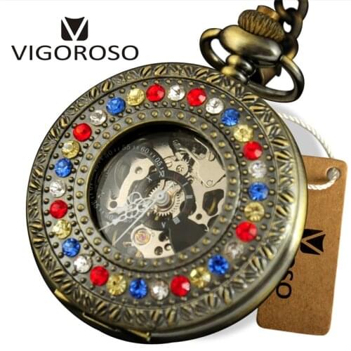 Diamond Ruby Edged Gorgeous Design Pocket Watch Mechanical Hand Winding Movement Skeleton Bronze Steel Vintage Retro Watch Gifts