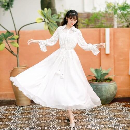 TIYIHAILEY Free Shipping 2021 Fashion Women Chiffon Long Maxi Lantern Sleeve Dresses Summer Boshow White Embroidery Dress S-L