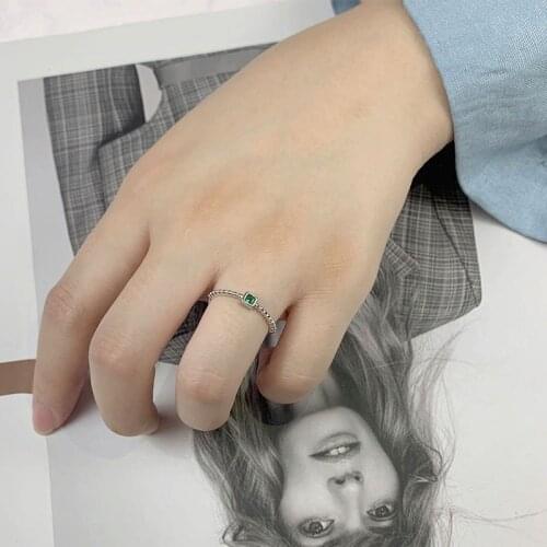 Korean Delicate Green Square Zircon 925 Sterling Silver Rings for Women Girls Gold/Silver Open Adjustable Fine Jewelry YRI218