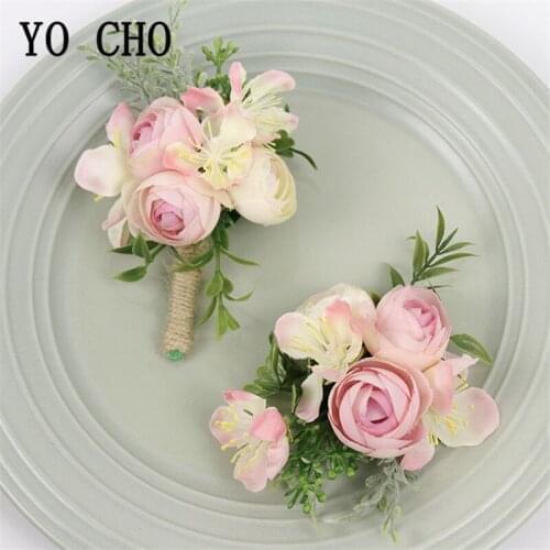 YO CHO Boutonnieres Groom Corsage Wedding Bridal Wrist Corsage Rose Bracelet Pink Artificial Silk Orchid Flower Wedding Supplies
