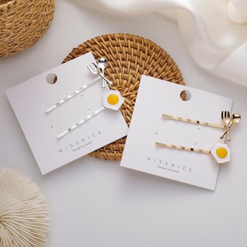 MISSNICE 2020 New Fashion Cute Omelette Poached Eggs Fork Spoon Hairpin For Girl Funny Side Clips Hair Accessories Jewelry Gifts