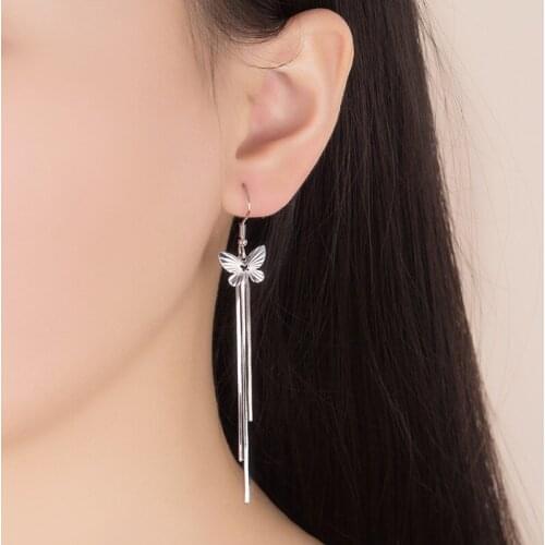 925 Sterling Filled Butterfly Tassel Long Chain Dangle Tassel Chain Hook Earrings For Women