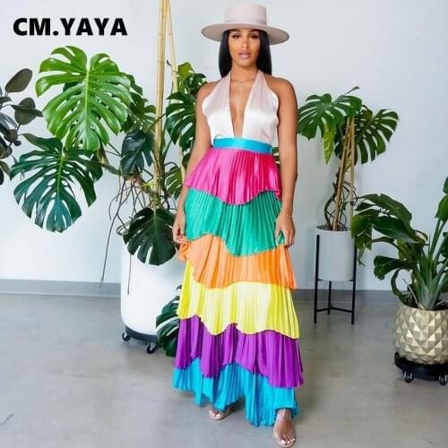 CM.YAYA Women Long Dress Patchwork Sleeveless Halter Bandage Empire Floor Length Dresses Female Fashon Sexy Outfit Summer 2021