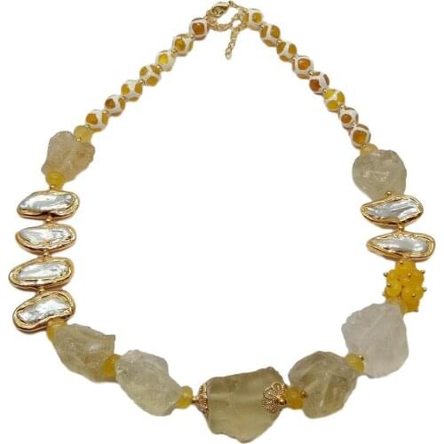 Y·YING Natural Lemon Quartzs Rough White Biwa freshwater Pearl round Agates choker Necklace 21" for women