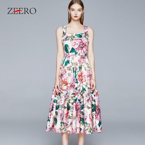 Summer Women Sexy Spaghetti Strap Floral Print Midi Beach Dress Elegant Female Runway Pleated Ruffles Party Dresses Plus Size