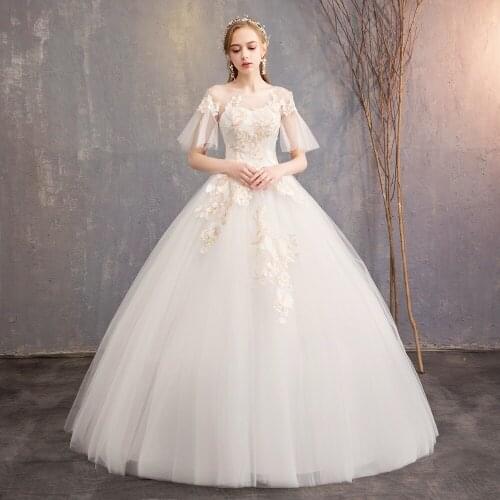 New Korean Style Floor Length Elegant Sheer Straps Half Sleeve Lace Up Back Wedding Dress A-Line Vestidos De Noiva Made