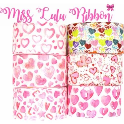 16mm-75mm Happy Valentines Day Pink Love Star Heart Printed Grosgrain/Foe Ribbon DIY Hair Bowknots 50yards/roll