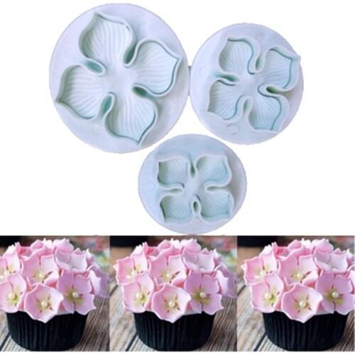 3pcs Cake Mold Candy Cookie Cutter Hydrangea Fondant Cake Decorating Sugarcraft Plunger Cutter Flower Blossom Mold Cake Tools