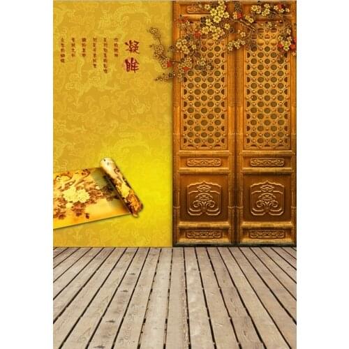 5x7ft Wooden Floor Chinese Trditional Door Flowers Photography Backdrops Photo Props Studio Background