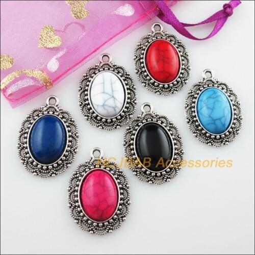 6 New Oval Mixed Charms Stone Tibetan Silver Color Pendant 22.5x31.5mm