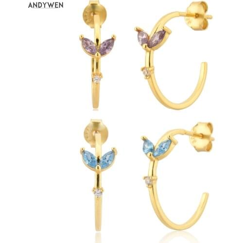 ANDYWEN 925 Sterling Silver Gold 15mm Purple Blue Hoops Earring Piercing Pendiente Ovals Jewelry Gift Luxury Wedding Huggies