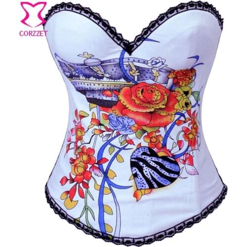 White Cotton with Rhinestone Floral Pattern Bustier Corset Burlesque Costume Corsets and Bustiers Sexy Gothic Korsett For Women