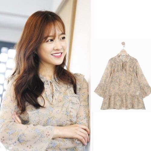 Kpop Korean Celebrity Summer New Retro V Neck Chiffon Blouse Women Elegant Full Sleeve Floral Shirts Fashion Casual Female Tops