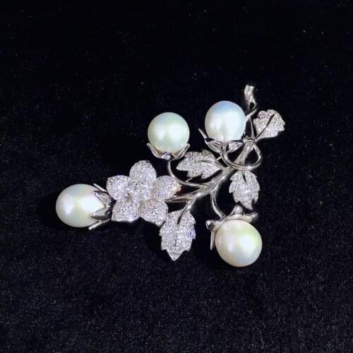 Natural fresh water pearl brooch 925 sterling silver with cubic zircon flower and leaf fine women jewelry free shipping nice