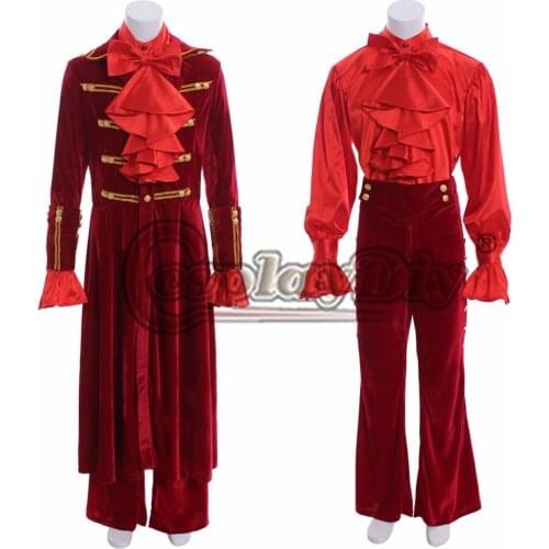 Cosplaydiy Custom Made Victorian Elegant Gothic Velvet Red Shirt Gold Ornamental Frock Coat Men Ankle Length Jacket Pants L320