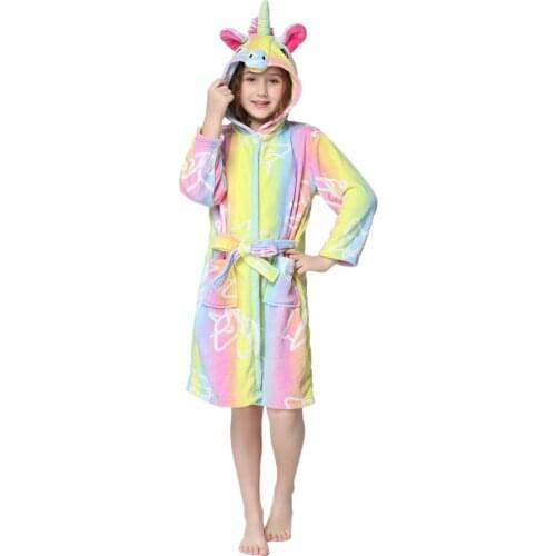 Girls Flannel Warm Soft Bathrobes Kids Unicorn Animal Kigurumi Pajama Cartoon Animal Bath Robes Boy Beach Towels Sleepwear